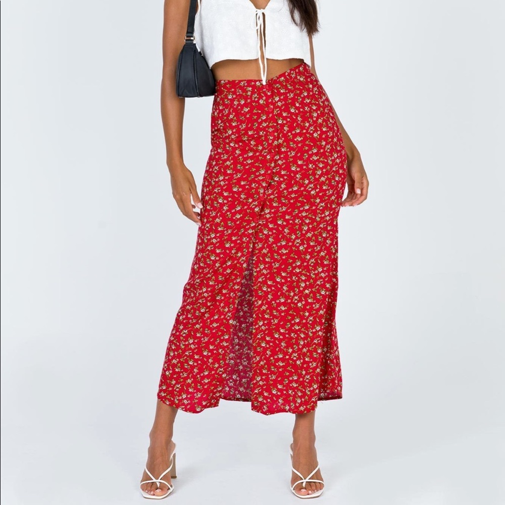 Princess Polly red floral midi skirt